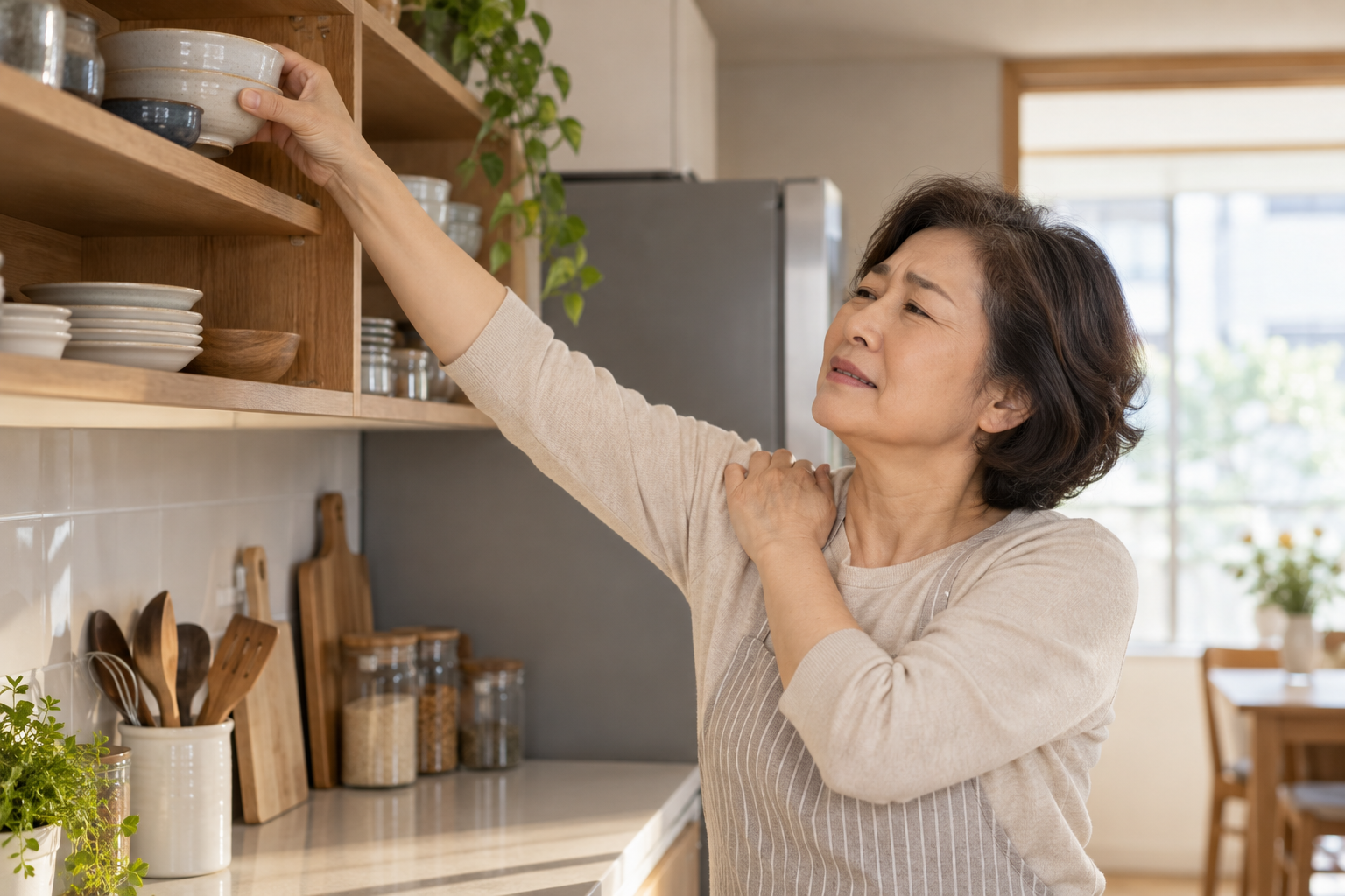높은 선반의 물건을 꺼내며 어깨 불편을 느끼는 예시 장면